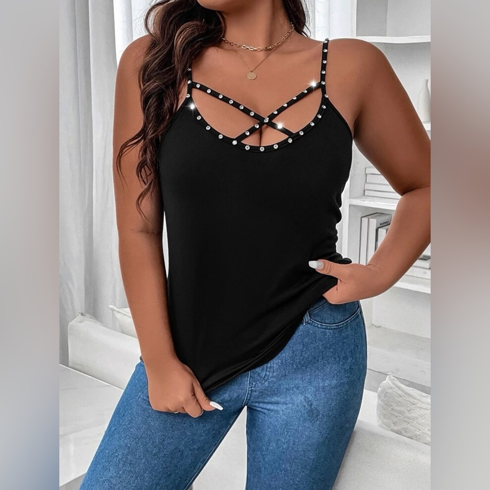 Rhinestone Beaded Crisscross Front Cami Top